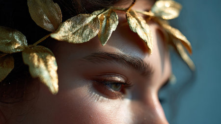 Close-up of a model wearing a golden laurel headband with soft lighting, highlighting classical beauty and timeless fashionの素材