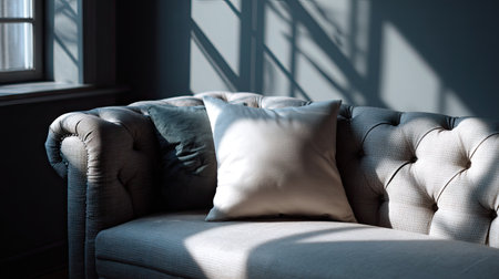 Blank pillow placed on a tufted fabric sofa, with subtle shadows from natural light filtering through the windowsの素材