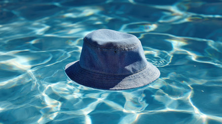 A denim bucket hat floating in a swimming pool, reflecting summer fun and leisureの素材