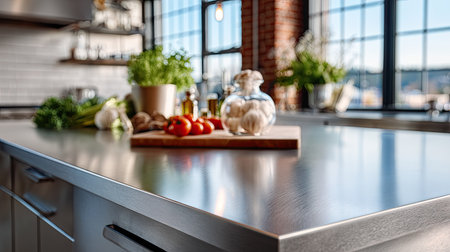 Central island in a modern industrial kitchen, featuring a clean stainless surface and organized environmentの素材