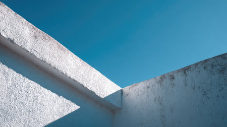 Close-up of a white concrete structure with dramatic sunlight and rich blue sky, minimalist urban aestheticの素材