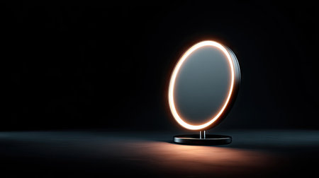 Circular makeup mirror with built-in lighting, isolated on a clean black background, adding depth and contrast to its designの素材