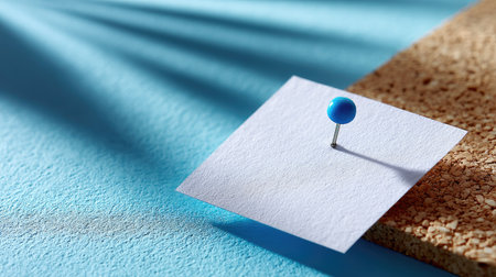 Close-up detail of a blank square note attached to cork with a bright blue pin, highlighting textureの素材