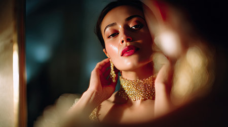 Bridal preparation scene with mirror reflection of a woman adjusting her ornate gold choker, elegant and emotionalの素材