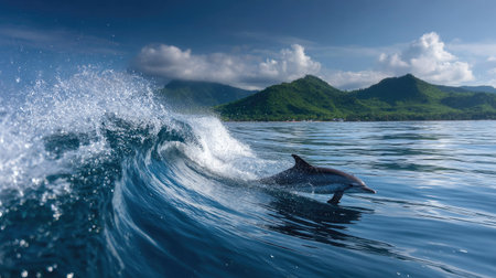 Captivating shot of a striped dolphin clearing the waves under a bright sky and vibrant seaの素材