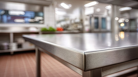 Close-up of the clean edges of a stainless steel table in a food-safe commercial kitchenの素材