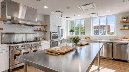 Bright and spacious kitchen interior with a focus on a large, clean stainless steel table in the centerの素材