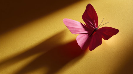Close-up of a single bright pink paper butterfly casting a shadow on a yellow background, minimal and artistic compositionの素材