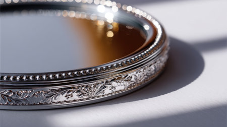 Close-up of a circular makeup mirror with intricate detailing on a bright white background, showcasing its eleganceの素材