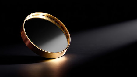 Circular makeup mirror with a golden frame isolated on a smooth black background, creating a luxurious vibeの素材