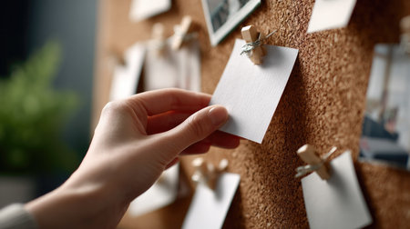 Close-up of a hand pinning a blank note on a cork board, creating a dynamic action sceneの素材