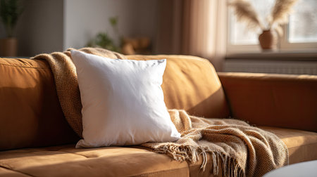 Cozy living room scene with a soft, blank pillow resting on a large sofa, warm colors and peaceful atmosphereの素材