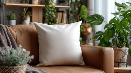 Blank pillow on a sofa with a chic, modern design, framed by houseplants and contemporary decor elementsの素材