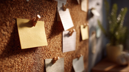 Bulletin board detail with weathered cork and slightly aged blank notes pinned in casual arrangementの素材