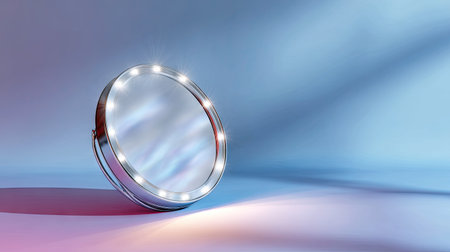 Circular makeup mirror with a silver frame and LED lights, isolated on a light gradient background for a bright, refreshing lookの素材