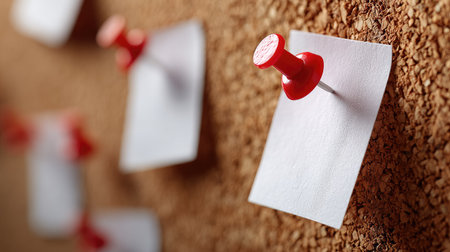 Close-up of a single blank paper pinned with a red thumbtack on a cork board, perfect for adding custom messagesの素材