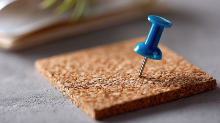 Close-up detail of a blank square note attached to cork with a bright blue pin, highlighting textureの素材