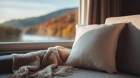 Blank pillow resting gently on a soft couch, with a beautifully lit window offering a scenic view in the backgroundの素材