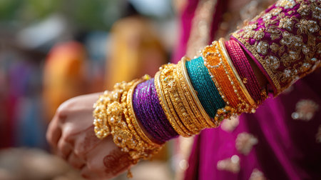 Bride's wrist covered in colorful bangles and gold kadas, captured during a wedding ritualの素材