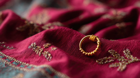 Close-up of a nath traditional Indian nose ring resting on a silk scarf with golden embroideryの素材