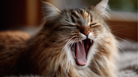 Close-up of a long-haired cat with soft fur, caught in mid-yawn with a peaceful and relaxed expressionの素材