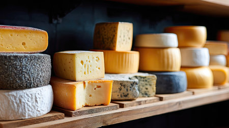Close-up of different types of cheese, neatly organized on wooden shelves, showing an inviting array of wedges and roundsの素材
