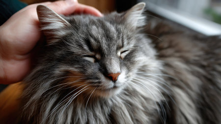 Close-up of a long-haired cat with thick, fluffy fur being gently petted, showing its relaxed and happy expressionの素材
