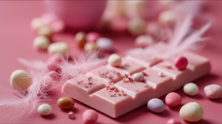 Close-up of a trendy pink chocolate bar with angel hair and pastel candies, perfect for a candy store advertisementの素材