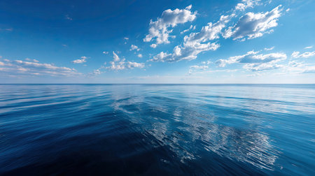 Calm blue sea extending to the horizon with barely a ripple, under a clear, bright sky with just a few clouds scattered aboveの素材