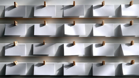 Bulletin board with rows of crisp white notes pinned symmetrically, clean and professional lookの素材