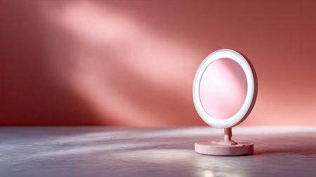 Close-up of a round makeup mirror with soft LED lights, isolated against a soft pastel-colored background for beauty product stylingの素材