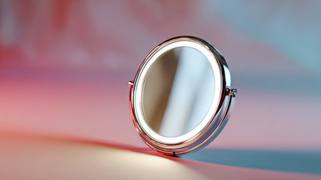 Circular makeup mirror with a silver frame and LED lights, isolated on a light gradient background for a bright, refreshing lookの素材