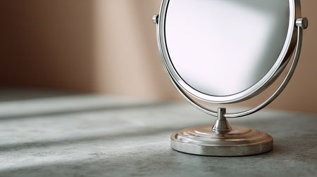 Close-up of a circular makeup mirror with adjustable settings, isolated on a muted background for a minimalist lookの素材