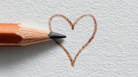 Sharpened pencil forming a heart-shaped line on a white card, ideal for romantic or handmade themesの素材
