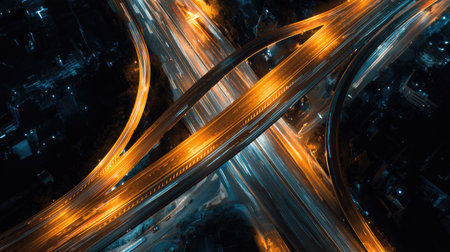 Overhead shot of highways crisscrossing with glowing speed lines of late-night traffic in a busy cityの素材