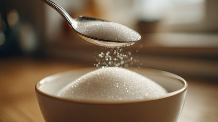 Spoonful of granulated white sugar held above a bowl, ready to be poured, with soft kitchen lightingの素材