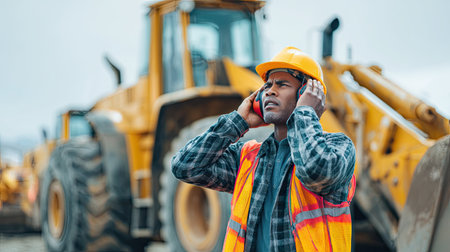 Worker adjusting earmuffs while standing next to heavy equipment outdoors on a construction siteの素材