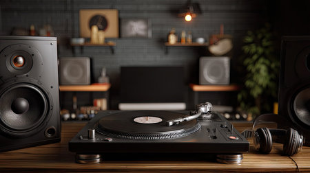 Studio scene with a black DJ turntable, headphones, and monitor speakers, set in a home music production spaceの素材