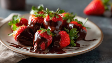 A plate of strawberries with a layer of melted chocolate cascading over them, creating a tempting dessert displayの素材