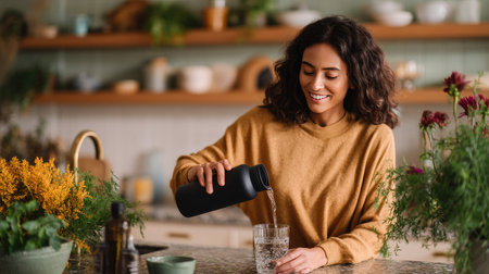 A woman in a cozy kitchen pouring water from a reusable bottle into a glass, promoting an eco-friendly lifestyleの素材