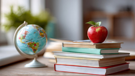 A selection of educational books neatly placed on a table, with a globe and apple in the backgroundの素材
