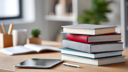 An organized stack of books on a clean study desk, digital tablet and pen beside them for modern learningの素材