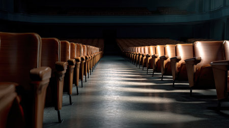 Auditorium filled with vacant chairs, all facing forward toward a stage, scene silent and expectantの素材