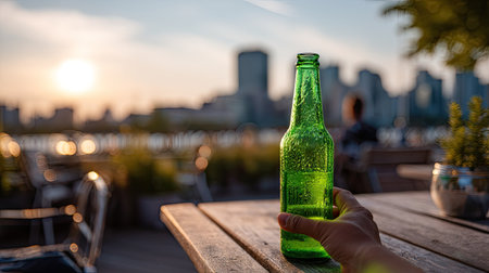 A chilled green beer bottle in the hand of a person sitting at an outdoor table with a cityscape in the backgroundの素材