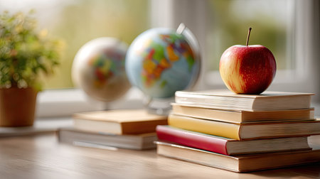 A selection of educational books neatly placed on a table, with a globe and apple in the backgroundの素材