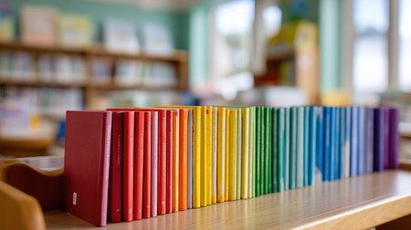 A row of colorful children's educational books arranged neatly on a library reading tableの素材