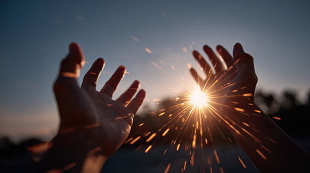 Artistic shot of hands reaching into the sky with the glowing sun behind them, flares highlighting the contoursの素材