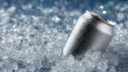 A chilled aluminum drink can partially buried in crushed ice, condensation droplets glistening on its surfaceの素材
