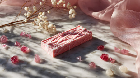 Close-up of a pink chocolate bar with angel hair decoration, candy accents scattered on a marble countertopの素材