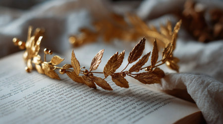 A golden laurel wreath headband placed on an open book of Greek poetry, referencing mythology and wisdomの素材